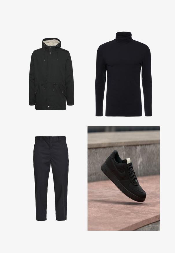 Parka noire avec une doublure intérieure en peluche, capuche avec cordon de serrage réglable, deux poches avant et fermeture à boutons-pression.; T-shirt noir à manches longues et col roulé en tissu doux et extensible. Présente un design ajusté et une texture lisse. Aucun motif ni accent visible.; Chinos noirs en coton léger, avec une coupe droite, des poches latérales et une fermeture à bouton à la taille.; Baskets Nike Air Force 1 noires flottant au-dessus d’un rebord en béton rose avec un fond en pierre grise, montrant des détails latéraux et supérieurs.