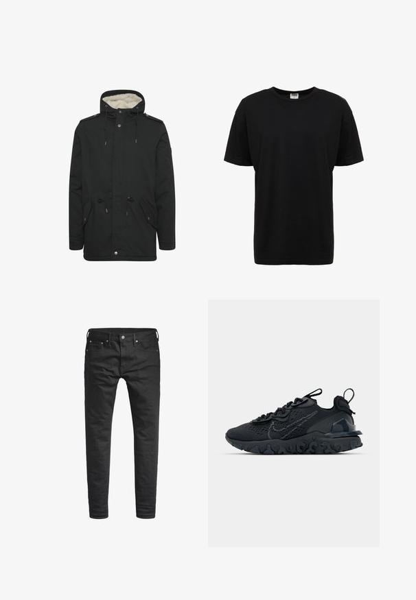 Sort parka-jakke med en blød indvendig foring, justerbar snoretræk til hætten, to frontlommer og knaplukning.; Sort bomulds t-shirt med rund hals, korte ærmer, standard pasform, glat tekstur og ingen synlige mønstre eller detaljer.; Sorte slim-fit jeans med forlommer, bæltestropper og en knappelukning, præsenteret mod en hvid baggrund.; Sort atletisk sko med en åndbar mesh-overdel, teksturerede detaljer og en bølget gummisål. Har reflekterende logo og snørresystem.