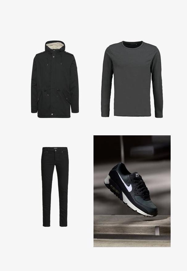 Sort parka-jakke med en blød indvendig foring, justerbar snoretræk til hætten, to frontlommer og knaplukning.; Langærmet t-shirt i mørkegrå bomuld med rund hals, lige snit og glat tekstur uden mønstre eller detaljer.; Slim-fit sorte jeans med fem lommer, knaplukning og bæltestropper, mærket Jack & Jones.; Sort og grå Nike Air Max sneaker med hvid swoosh, ophængt over en betongulv mod en sløret mørk baggrund.