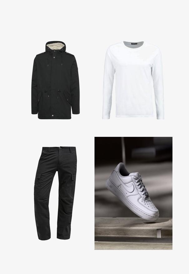 Sort parka-jakke med en blød indvendig foring, justerbar snoretræk til hætten, to frontlommer og knaplukning.; Hvid langærmet t-shirt lavet af bomuld, med rund hals og en glat tekstur. Ingen mønstre eller detaljer. Enkel design.; Sort cargo bukser med lige snit, lavet af slidstærkt stof, med flere sidelommer og knaplukning i taljen.; Hvid læder Nike Air Force 1 sneaker med perforeret tå, flade snørebånd og tekstureret gummisål med "AIR" branding på siden.