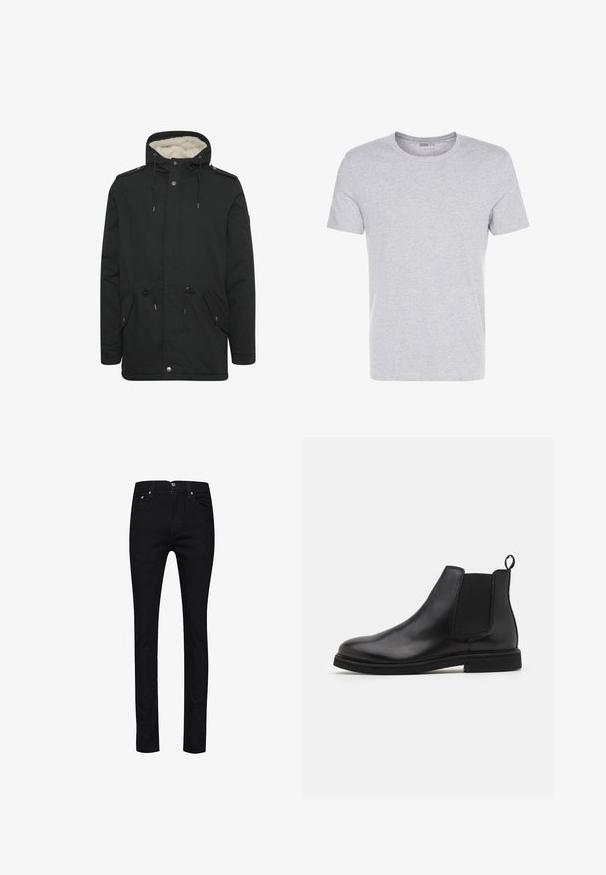 Sort parka-jakke med en blød indvendig foring, justerbar snoretræk til hætten, to frontlommer og knaplukning.; Grå bomulds T-shirt med rund hals, korte ærmer og et enkelt design, som har en blød, glat tekstur uden synlige mønstre eller udsmykninger.; Sorte jeans lavet af denim med en lige pasform, fem lommer, metal knapper og en enkelt baglomme med syningsdetaljer.; Sorte læder Chelsea støvler med elastiske sidepaneler og en træksløjfe. Rund tå og flad gummisål, der fremviser en glat finish.
