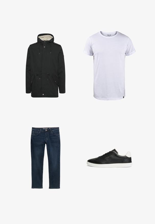 Sort parka-jakke med en blød indvendig foring, justerbar snoretræk til hætten, to frontlommer og knaplukning.; Hvid kortærmet t-shirt lavet af blødt stof. Har en rund halsudskæring, optrukne ærmer og et diskret brandlogo på kanten. Enkelt design.; Mørkeblå lige snit jeans med forlommer, bæltestropper, knaplukning og subtile falmede detaljer. Størrelse 32/32 fra Tom Tailor.; Sort lavtsiddende sneaker med hvid sål og hælfane, sorte snørebånd og guld "Tommy Hilfiger" logo på siden.
