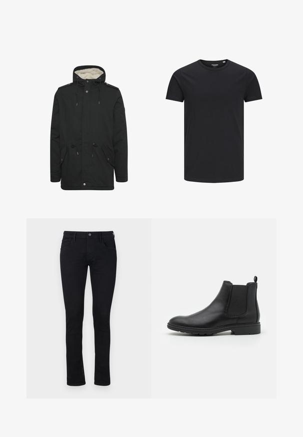 Sort parka-jakke med en blød indvendig foring, justerbar snoretræk til hætten, to frontlommer og knaplukning.; Sort bomulds T-shirt med rund hals, korte ærmer og et enkelt design. Glat tekstur, ingen mønstre eller synligt tilbehør.; Sorte slim-fit jeans i denim materiale med en glat overflade. Med fem lommer og en lynlås med knaplukning i taljen.; Sort læder Chelsea-boot med elastiske sidepaneler og en løftestrop, der har en rund tå og en tekstureret gummisål.