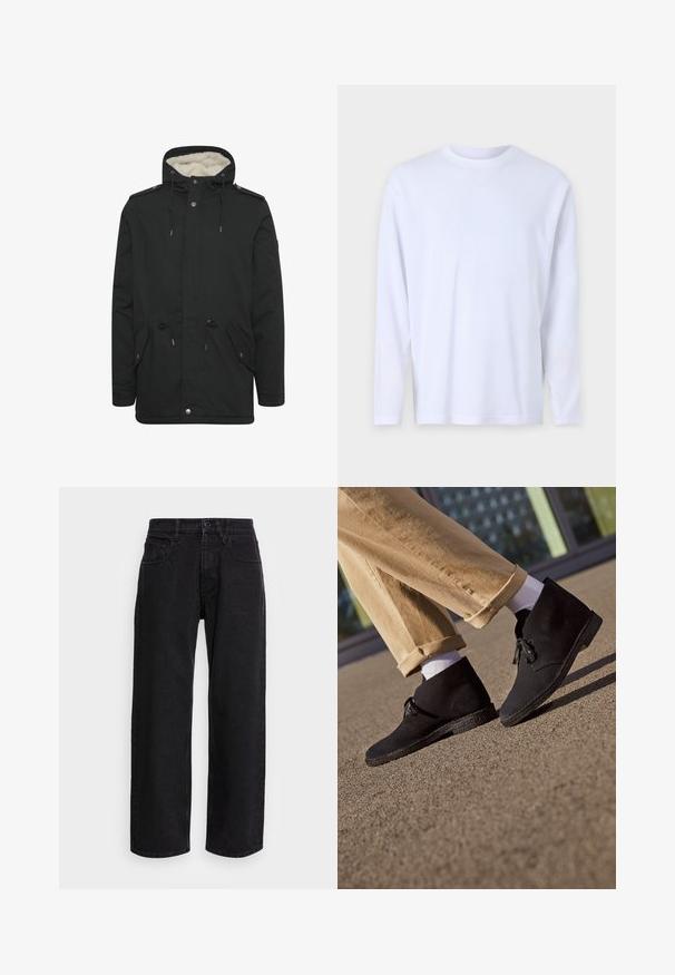 Sort parka-jakke med en blød indvendig foring, justerbar snoretræk til hætten, to frontlommer og knaplukning.; Hvid langærmet t-shirt lavet af blød bomuld, med en rund halsudskæring og subtile syninger over fronten og skuldrene.; Sorte denim bukser med bred benlængde og høj talje, der har fem lommer og knaplukning. Stoffet har en glat tekstur og let stræk.; Sorte ankelstøvler i ruskind med en struktureret sål, featuring en rund tå og snørebånd, parret med rullede kaki-bukser og hvide sokker.