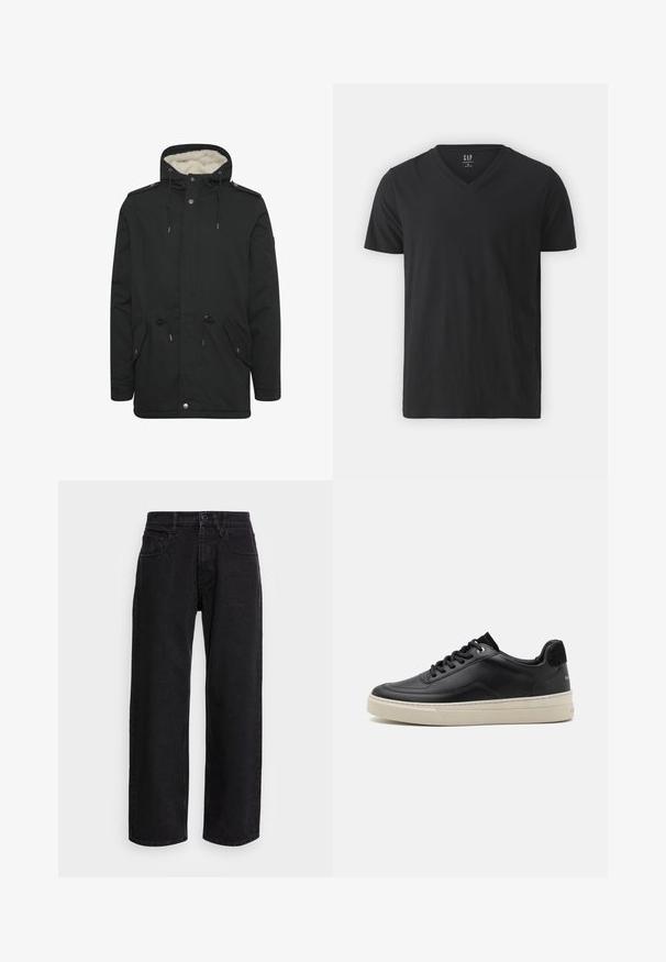 Sort parka-jakke med en blød indvendig foring, justerbar snoretræk til hætten, to frontlommer og knaplukning.; Sort v-hals t-shirt lavet af bomuld. Korte ærmer og en afslappet pasform. Enkel design uden synlige mønstre eller accenter.; Sorte denim bukser med bred benlængde og høj talje, der har fem lommer og knaplukning. Stoffet har en glat tekstur og let stræk.; Sort lædersneaker med lav profil, der har en cremefarvet gummisål, rund tå og snøre-design, akkompagneret af en hæl i sort ruskind.