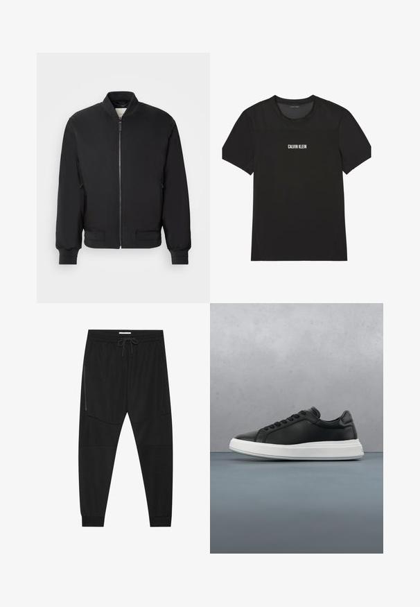 Μαύρο bomber jacket με φερμουάρ μπροστά, ριμπ λαιμό και μανίκια, και πλαϊνές τσέπες; κατασκευασμένο από απαλό, ελαφρύ ύφασμα.; Μαύρο κοντομάνικο πουκάμισο Calvin Klein με ύφασμα δίχτυ στις ώμοι και το πάνω μέρος του στήθους, με το όνομα της μάρκας τυπωμένο σε λευκό στο κέντρο του στήθους.; Μαύρο αθλητικό παντελόνι από υλικό με υφή, με ρυθμιζόμενη μέση, φερμουάρ πλευρική τσέπη και στενό τελείωμα στους αστραγάλους.; Μαύρα δερμάτινα αθλητικά παπούτσια με λεία υφή, λευκή καουτσούκ σόλα, στρογγυλή μορφή, έξι οπές για κορδόνια και διακριτική σήμανση πίσω.