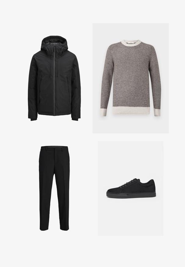 Veste isolée noire avec capuche, fermeture éclair sur le devant, deux poches latérales et poignets côtelés sur les longues manches.; Pull rayé gris et crème, avec un col rond côtelé et des poignets. Texture douce avec des rayures horizontales, présentant une coupe décontractée.; Pantalons noirs en tissu lisse, présentant une coupe droite, des passants de ceinture et un devant plat sans motifs ni embellissements visibles.; Baskets basses noires avec fermeture à lacets à l'avant et semelle en caoutchouc plate, vues de profil sur fond blanc.