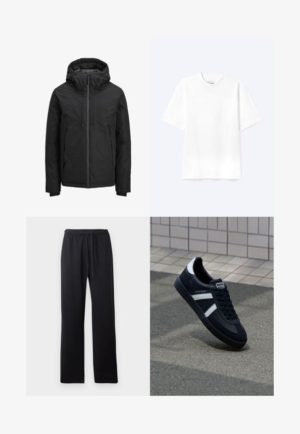 Veste isolée noire avec capuche, fermeture éclair sur le devant, deux poches latérales et poignets côtelés sur les longues manches.; T-shirt blanc uni à manches courtes et col rond avec une coupe décontractée, présenté sur un fond clair.; Abercrombie & Fitch ESSENTIAL BAGGY OPEN HEM CASUAL - Pantalon de survêtement - black; Sneaker en cuir noir avec des rayures blanches, semelle en caoutchouc texturée et devant à lacets. Présente une étiquette de marque sur la languette.