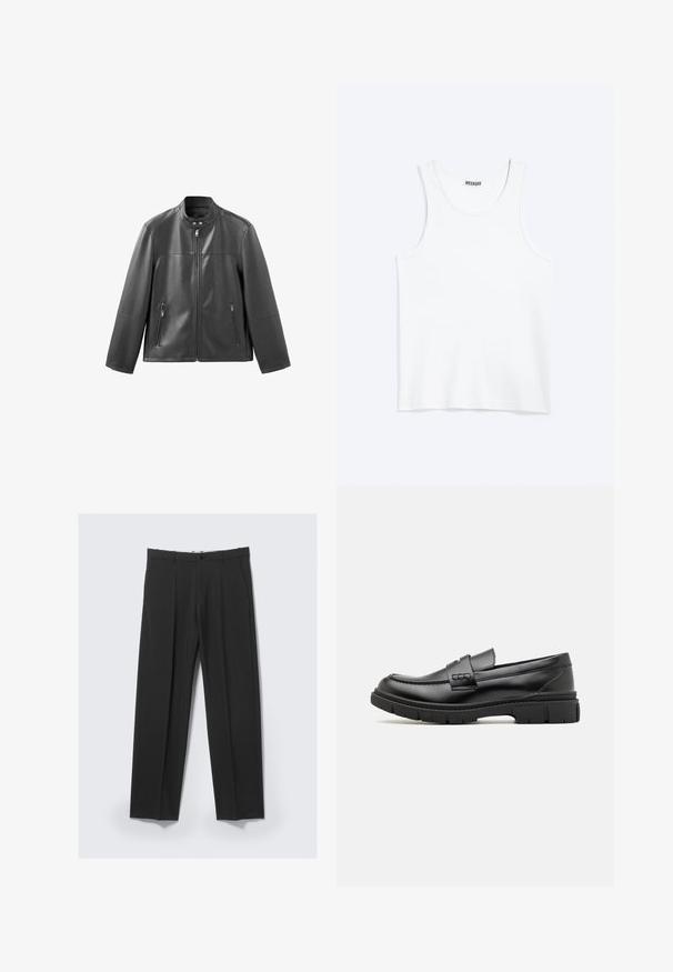 Veste en cuir noire avec col montant, fermeture éclair à l'avant, et deux poches latérales zippées. Présente une texture lisse et une coupe ajustée.; Débardeur blanc sans manches avec col rond et étiquette de la marque Weekday à l'intérieur du col arrière, présenté à plat sur un fond clair.; Pantalon noir ajusté avec plis avant, poches latérales, passants de ceinture et fermeture par bouton à la taille sur un fond clair.; Mocassin en cuir noir avec une large sangle sur le devant, semelle en caoutchouc à épaisse rainure, et texture lisse. Design classique et élégant.