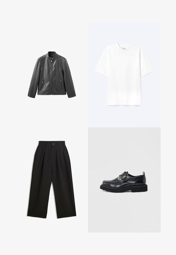 Veste en cuir noire avec col montant, fermeture éclair à l'avant, et deux poches latérales zippées. Présente une texture lisse et une coupe ajustée.; T-shirt blanc uni à manches courtes et col rond avec une coupe décontractée, présenté sur un fond clair.; Pantalons noirs à coupe décontractée, avec des plis à l'avant, des poches latérales et une fermeture à bouton. Fabriqués en tissu texturé.; Mocassin en cuir noir avec semelle épaisse et sangle à boucle argentée sur le côté, sur fond blanc.