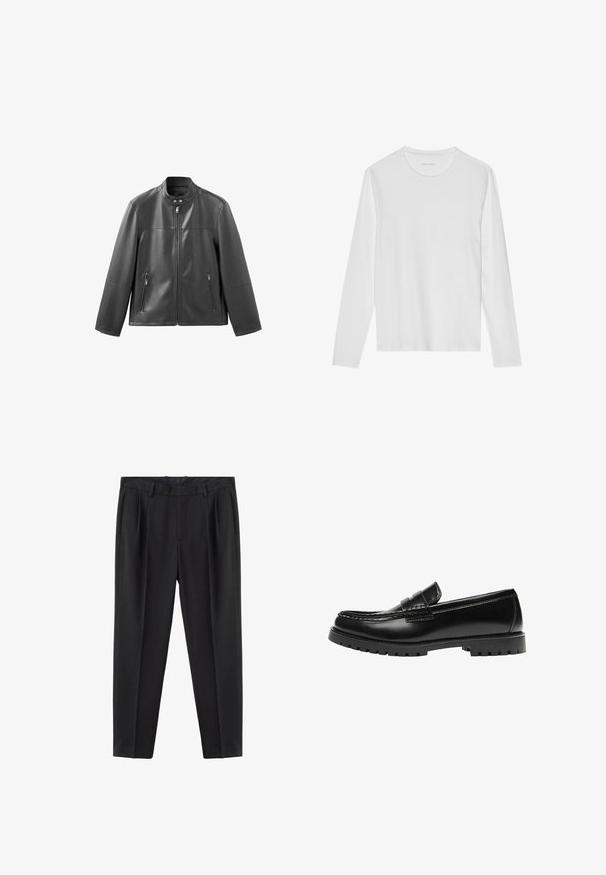 Veste en cuir noire avec col montant, fermeture éclair à l'avant, et deux poches latérales zippées. Présente une texture lisse et une coupe ajustée.; T-shirt blanc à manches longues en coton doux, avec un col rond et une texture lisse sans motifs ni accents visibles.; Pantalon noir sur mesure avec passants pour ceinture, plis à l'avant, poches latérales et coupe slim effilée.; Mocassin en cuir noir avec une semelle en caoutchouc épaisse et un détail classique de bride à monnaie, vu de côté extérieur.