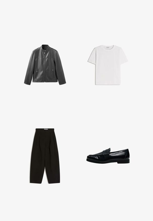 Veste en cuir noire avec col montant, fermeture éclair à l'avant, et deux poches latérales zippées. Présente une texture lisse et une coupe ajustée.; T-shirt en coton blanc avec un col rond et des manches courtes. Présente une coupe classique et carrée, sans motifs ni accents visibles.; Pantalon noir à jambes larges en tissu doux, avec un devant plissé, une fermeture à boutons et des poches latérales pour plus de fonctionnalité.; Mocassin penny loafer pour homme en cuir noir avec bout moc cousu et petit talon, présenté de profil sur fond blanc.