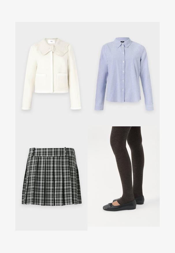 Veste en mélange de laine blanche avec un col côtelé texturé, des poches avant et une bordure contrastante le long des bords.; Chemise à manches longues boutonnée, avec des rayures verticales blanches et bleu clair et un col pointu, présentée sur un fond uni.; Jupe plissée à carreaux noir et blanc avec une taille lisse et de multiples plis verticaux. Fabriquée en tissu léger.; Jambes portant des leggings côtelés foncés associés à des ballerines noires avec de petits détails en nœud sur fond blanc.