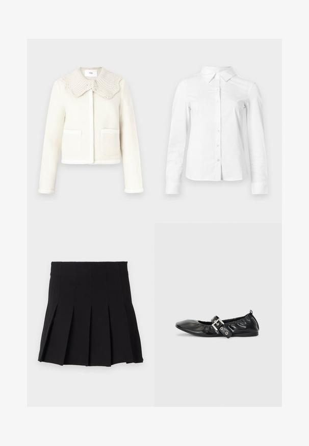 Veste en mélange de laine blanche avec un col côtelé texturé, des poches avant et une bordure contrastante le long des bords.; Chemise blanche à manches longues avec boutons, col pointu, ourlet droit et silhouette ajustée, présentée sur un fond clair uni.; Jupe plissée noire avec une taille ajustée, fabriquée à partir d'un tissu lisse. Présente de multiples plis verticaux pour une silhouette structurée.; Chaussure plate en cuir noir avec un nez pointu, des détails froncés autour de l'ouverture et un accent en boucle argentée sur la bride ajustable.