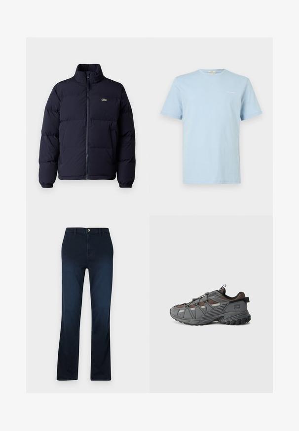 Abrigo puffer azul marino con cuello alto, cierre de cremallera y puños elásticos. Presenta un pequeño logo verde en la parte superior izquierda del pecho.; Camiseta azul claro de manga corta y cuello redondo con pequeño logo blanco "Calvin Klein" en el pecho izquierdo.; Pantalones rectos azul marino, hechos de denim, con cremallera, trabillas y un solo bolsillo delantero con detalles de costura en contraste.; Zapatilla deportiva gris y marrón con suela resistente, lengüetas negras y logo en el talón, mostrada en perfil lateral sobre fondo blanco.