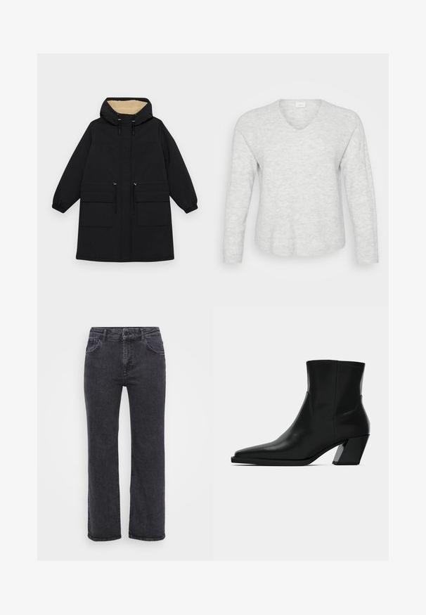 Manteau noir à capuche avec une doublure beige chaude, dotée de deux grandes poches avant, d'une taille à cordon de serrage et de poignets élastiques.; Pull long ajusté gris clair à manches longues avec une texture côtelée, un décolleté en V et un ourlet légèrement courbé. Matériau doux avec de subtiles variations de motifs.; Jean en denim noir avec une coupe droite, cinq poches et une fermeture à bouton. Le tissu a une texture légèrement délavée et des coutures robustes.; Bottine en cuir noir avec un bout pointu, une silhouette élégante et un talon carré massif. Texture lisse avec des détails de couture minimalistes.