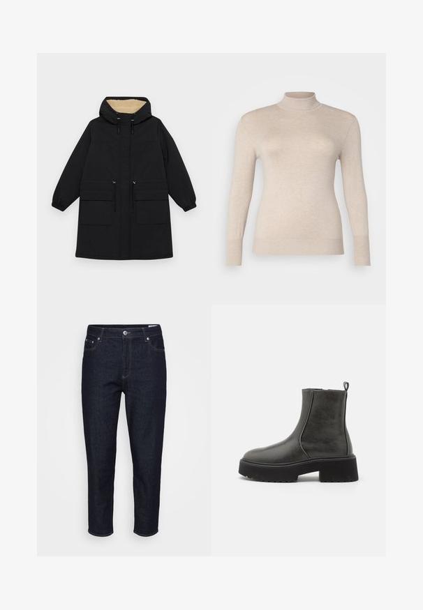 Manteau noir à capuche avec une doublure beige chaude, dotée de deux grandes poches avant, d'une taille à cordon de serrage et de poignets élastiques.; Pull à col roulé beige fabriqué à partir d'un tissu doux, avec des manches longues et des poignets côtelés. Texture lisse sans motifs ni embellissements.; Jeans en denim bleu foncé à jambes droites, avec poches avant, passants de ceinture et fermeture à bouton à l'avant, présentés sur un fond neutre.; Bottines noires à tige synthétique lisse, avec des panneaux latéraux en élastique, une languette de tirage et une semelle en caoutchouc épaisse.
