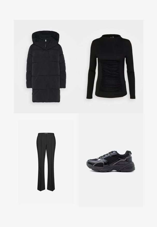 Musta pörröinen takki hupulla, jossa on vetoketjullinen etuosa, tikattu muotoilu ja keskipitkä leikkaus. Pehmeä rakenne ja kevyt materiaali.; Pieces PCMAXA MOCK NECK - Pitkähihainen paita - black; Envii AUSTION PANTS - Housut - black; Musta urheilutossu, jossa on verkkokangasta ja kiiltäviä synteettisiä päällysteitä, paksu pohja, nauhallinen suljenta ja kantapäässä oleva vetokahva.