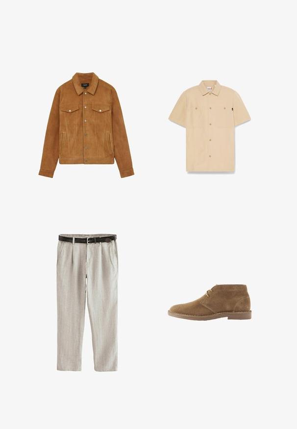 Brun ruskindsjakke med krave, to brystlommer og sidelommer. Har sølvknapper og en figursyet silhuet.; Beige kortærmet skjorte med knapper, to brystlommer og krave, Timberland-mærke indeni kraven og en lille sort sideetiket.; Beige linnedbukser med plisseret front, sidelommer og et mørkebrunt vævet læderbælte med sølvspænde.; Brun ruskind ankelhøj afslappet sko med to snørehuller og syet sål på hvid baggrund, set fra siden.
