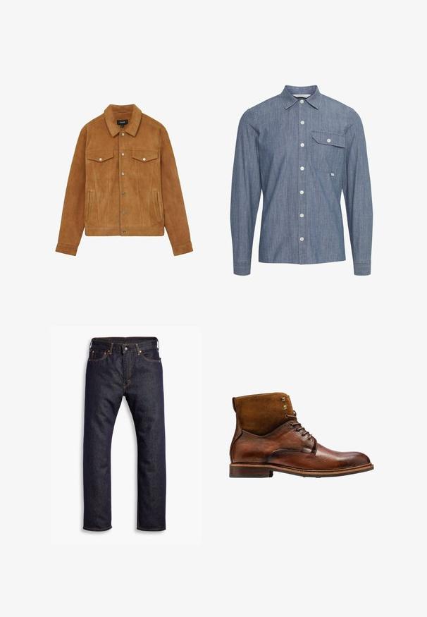 Brun ruskindsjakke med krave, to brystlommer og sidelommer. Har sølvknapper og en figursyet silhuet.; Langærmet, skjorte med knapper i lyseblåt chambray-stof. Har krave, brystlomme og hvide knapper. Glat tekstur med en afslappet pasform.; Mørkeblå lige ben denim jeans med fem lommer og orange kontrastsyning, lagt fladt ud mod hvid baggrund.; Kazar ALID - Snørestøvletter - brown