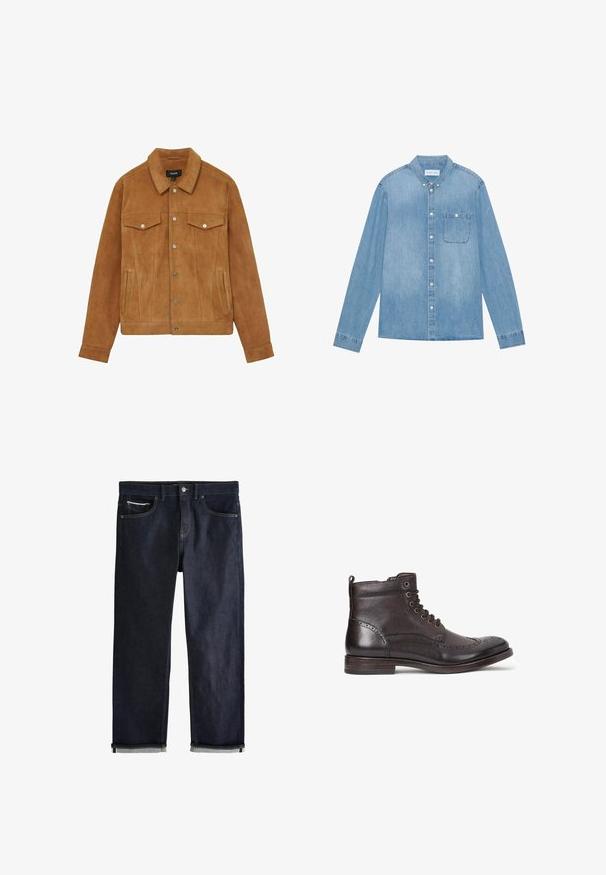 Brun ruskindsjakke med krave, to brystlommer og sidelommer. Har sølvknapper og en figursyet silhuet.; Lys blå denim skjorte med knapper, lange ærmer, spids krave, en enkelt brystlomme og subtil falmning på stoffet.; Mørkeblå denimjeans med opsmøgede manchetter, knap- og lynlåslukning, for- og møntlommer samt kontrastsyning på hvid baggrund.; Mørkebrune læder ankelstøvler med wingtip-design, rund tå, diskrete brogue-detaljer, metaløjer og flad hæl. Har en træksløjfe.