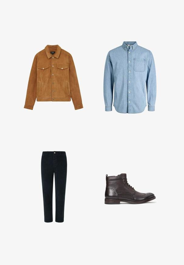 Brun ruskindsjakke med krave, to brystlommer og sidelommer. Har sølvknapper og en figursyet silhuet.; Lyseblå denimskjorte med knapper, lange ærmer, krave, brystlomme og subtil tekstur. Har hvide knapper langs knapstolpen.; Mørkeblå kordfløjspants med lige snit, der har lukning med knap foran og sidelommer, glat tekstur og minimal syning.; Mørkebrune læder ankelstøvler med wingtip-design, rund tå, diskrete brogue-detaljer, metaløjer og flad hæl. Har en træksløjfe.