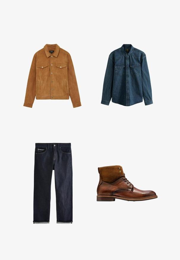 Braune Wildlederjacke mit Kragen, zwei Brusttaschen und Seitentaschen. Verfügt über silberne Knöpfe und eine taillierte Silhouette.; Dunkelblaue Denim-Hemd mit langen Ärmeln, einem spitzen Kragen und zwei aufgesetzten Taschen mit Druckknopfverschlüssen. Strukturierter Stoff.; Dunkelblaue Jeans aus Denim mit klassischem geradem Schnitt, fünf Taschen, Knopfverschluss und umgeschlagenen Bündchen, die eine hellblaue Innenseite zeigen.; Kazar ALID - Schnürstiefelette - brown