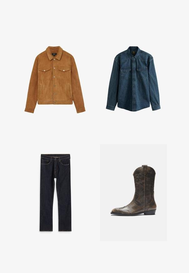 Brun ruskindsjakke med krave, to brystlommer og sidelommer. Har sølvknapper og en figursyet silhuet.; Mørkeblå denimskjorte med lange ærmer, spids krave og to frontlommer med trykknapslukninger. Strukturert stof.; Mørkeblå lige ben denim jeans med forlommer, bæltestropper og kontrast orange syninger, lagt fladt på hvid baggrund.; Brune læder cowboystøvle med en høj skaft, spids tå, intrikate syning mønstre og en lille hæl. Struktureret finish hele vejen igennem.