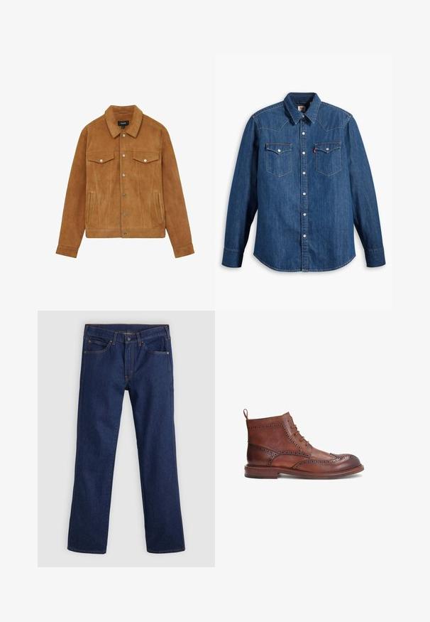 Brun ruskindsjakke med krave, to brystlommer og sidelommer. Har sølvknapper og en figursyet silhuet.; Denim skjorte i mørkeblå med lange ærmer, spids krave og trykknapper. Har to brystlommer med klapper og kontrastsying.; Mørkeblå straight-leg jeans med fem lommer, knap- og lynlåslukning, samt orange syninger på en lys baggrund.; Brune læderstøvle med dekorative brogue-detaljer, rund tå, snøredesign og lav stak heel. Inkluderer en bageste pull-tab.