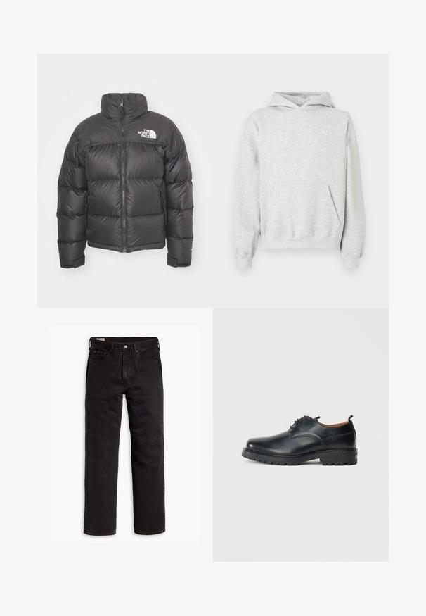 Sort puff jakke med høj hals, lynlås og logo. Har kviltede sektioner og elastiske manchetter for ekstra varme.; Grå hoodie lavet af en blanding af bomuld, med en kængurulomme, ribbede manchetter og kant, samt et hvidt logo på venstre bryst.; Sorte lige bukser i denim med fem lommer, knaplukning og bæltestropper, lagt fladt ud på en hvid baggrund.; Sorte læder derby-sko med en glat overflade, rund tå, snøre-design og en tyk, robust gummisål.
