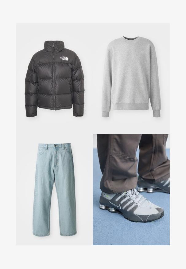 Zwarte pufferjack met hoge kraag, ritssluiting en logo. Bevat gequiltte secties en elastische manchetten voor extra warmte.; Grijze sweatshirt van zachte stof, met een ronde hals, geribde boorden en zoom, en een subtiele logo-accent op de voorkant.; Lichtblauwe denim jeans met een wijde pijp. Beschikt over vijf zakken, een sluiting met een voorknoop en rits, en een iets vervaagde textuur.; Grijze en zilveren Nike Shox sneakers hebben een strakke uitstraling, met een combinatie van mesh en synthetische materialen, een ronde neus en een gevoerde kraag.