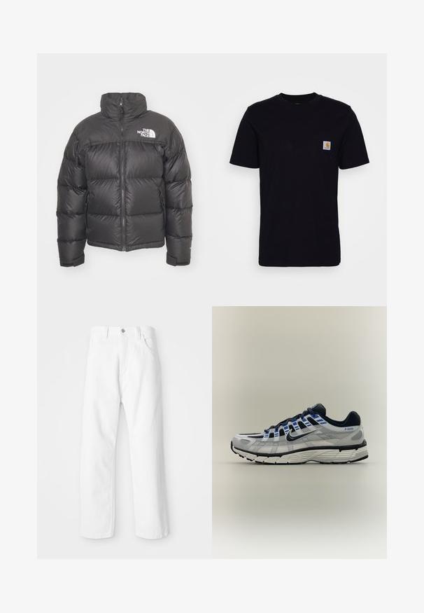 Schwarze Pufferjacke mit hohem Kragen, Reißverschluss und Logo. Verfügt über gesteppten Elemente und elastische Bündchen für zusätzlichen Wärme.; Schwarzes Baumwoll-T-Shirt mit kurzen Ärmeln, rundem Hals und einer Brusttasche, die mit einem kleinen, quadratischen Logo-Patch versehen ist. Einfaches, einfarbiges Design.; Weiße Denim-Hosen mit geradem Bein, ausgestattet mit einem Frontknopf und einem Reißverschluss, fünf Taschen und einem sauberen, strukturierten Finish.; Hellgrauer und schwarzer Nike-Laufschuh mit blauen Akzenten, weißer Sohle und "P-6000" Text an der Fersenseite.