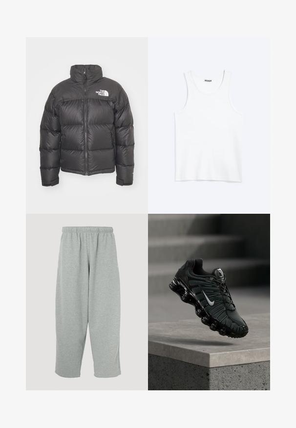 Sort puff jakke med høj hals, lynlås og logo. Har kviltede sektioner og elastiske manchetter for ekstra varme.; Hvid ærmeløs tanktop med rund halsudskæring og Weekday-mærke på den indvendige baghals, vist fladt på lys baggrund.; Lysegrå joggingbukser med elastisk taljebånd, konisk ben-design og blød tekstur. Ingen synligt mærke eller mønstre.; Sort og mørkegrå Nike løbesko med hvid swoosh-logo, svævende over en betonafdækning med trapper i baggrunden.