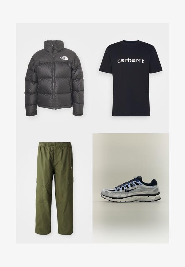 Sort puff jakke med høj hals, lynlås og logo. Har kviltede sektioner og elastiske manchetter for ekstra varme.; Sort bomulds T-shirt med korte ærmer og rund hals; har et hvidt "carhartt" logo trykt på brystet. Glat tekstur, enkelt design.; Nike cargo bukser i mørke olivengrønne, med elastisk talje, to sidelommer og et glat, let stof.; Lysegrå og sort Nike løbesko med blå detaljer, hvid sål og tekst "P-6000" på hælsiden.