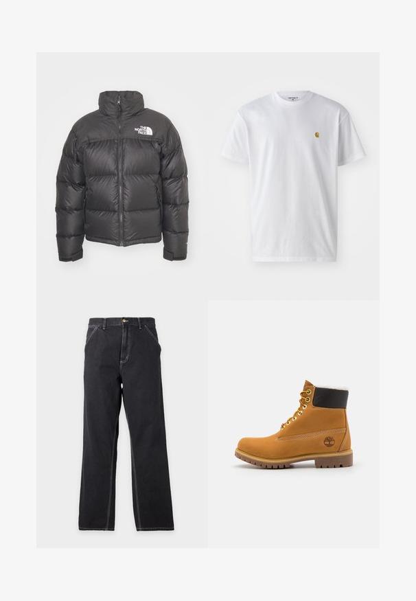 Sort puff jakke med høj hals, lynlås og logo. Har kviltede sektioner og elastiske manchetter for ekstra varme.; Hvid bomulds t-shirt med korte ærmer, rund hals og et lille guld logo på venstre brystområde. Blød tekstur og almindelig pasform.; Sorte jeans med lige ben, forlommer, bæltestropper og synlige hvide syninger på en ensfarvet lys grå baggrund.; Brune læder ankelstøvle med metaløjer, hvid pelsforing, sort polstret krave, robust sål og præget logo på siden.