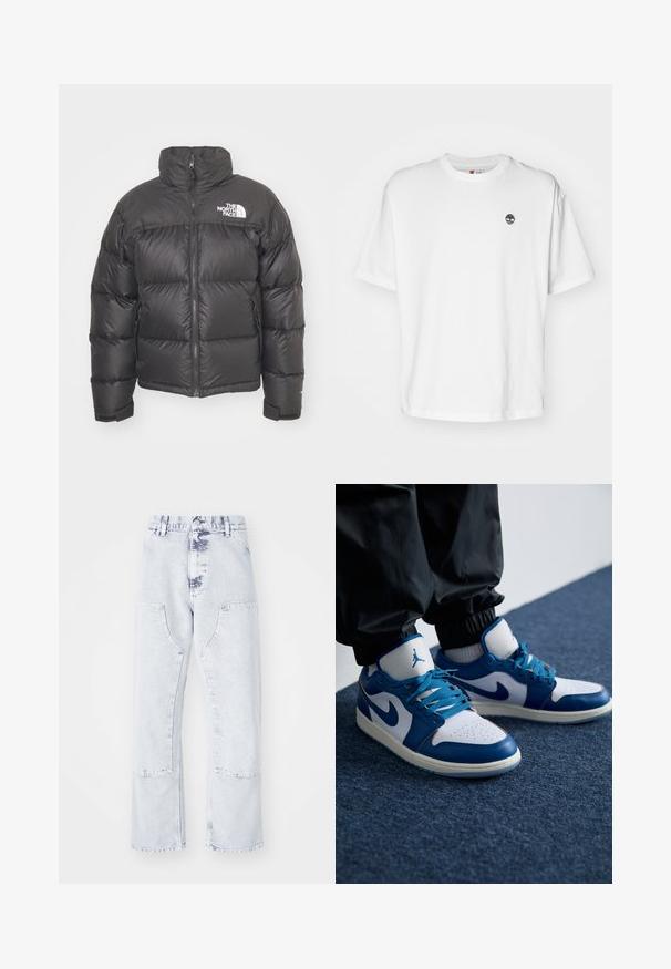 Sort puff jakke med høj hals, lynlås og logo. Har kviltede sektioner og elastiske manchetter for ekstra varme.; Hvid bomulds T-shirt med rund halsudskæring, korte ærmer og et lille sort trælogo på venstre bryst. Blødt stof, afslappet pasform.; Lys blå denim straight-leg jeans med patchlommer, høj talje og en falmet overflade. Har tonede syninger og en afslappet pasform.; Nike Air Jordan sneakers har en hvid læderbase med blå syntetiske detaljer, en perforeret tåboks og blå snørebånd.