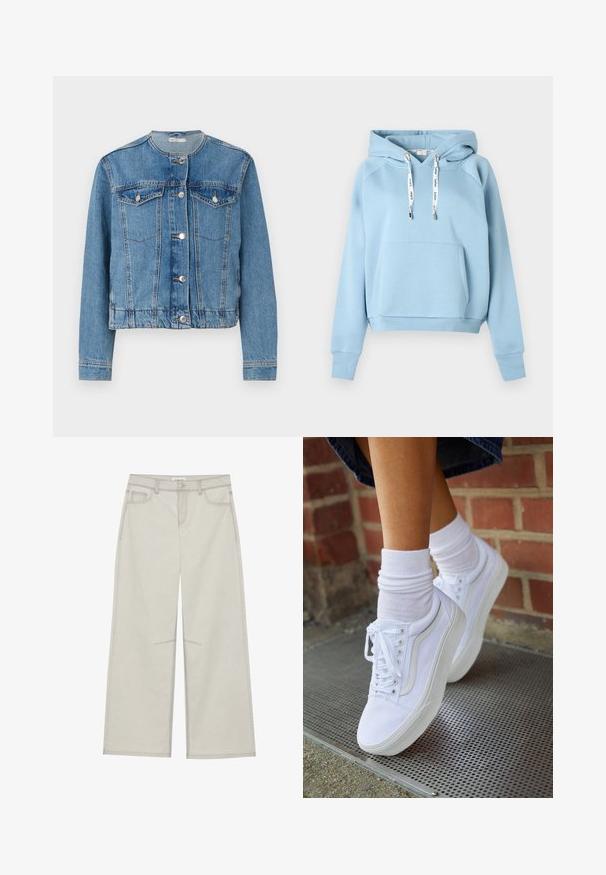 Lyseblå denimjakke med rund halsudskæring, knaplukning, to brystlommer og lange ærmer. Har stikninger og sølvknapper som detaljer.; Lyseblå hættetrøje med kængurulomme og hvide snører med sort tekst, vist på en ensfarvet hvid baggrund.; Lysegrå bredbenede bukser med fem lommer, frontknaplukning og kontrastsyninger langs sømmen. Stoffet ser blødt og slidstærkt ud.; Hvide lærreds sneakers med gummisåler, der har seks snørehuller, rund tå og let sømdetaljer, krydret med hvide ankelstrømper.