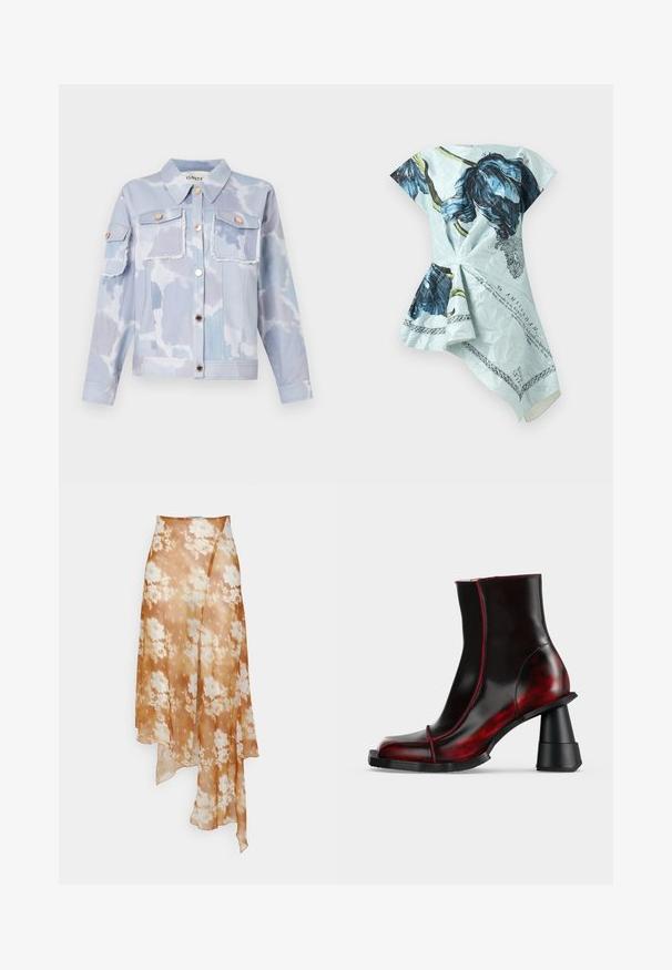 Lyseblå denimjakke med sky-mønster, to forlommer, guldfarvede knapper og slidte kanter. Lange ærmer med knapmanchetter.; Asymmetrisk lyseblå kjole med stort mørkeblå blomsterprint og sort tekst, med en indsnøret talje og draperet nederdel.; Ioannes SHAWL SKIRT - A-snit nederdel - sprayed lace ochre; Sort og mørkerødt skinnende ankelstøvle med geometrisk chunky hæl og firkantet tå, vist på en ensfarvet lys baggrund.