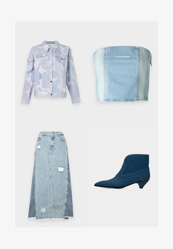 Lyseblå denimjakke med sky-mønster, to forlommer, guldfarvede knapper og slidte kanter. Lange ærmer med knapmanchetter.; Lys blå denim strapless top med synlige stikninger, en lige udskæring og "PEGADOR" logo trykt i hvid. Lynlåsdetalje bagpå.; Denimnederdel med en blanding af lyse og mørke blå stoffer, slidte lapper, høj talje og en frynset kant.; Blå ankelstøvle med spids tå, lav kittenhæl med gulddetalje og et glat, sømløst design.