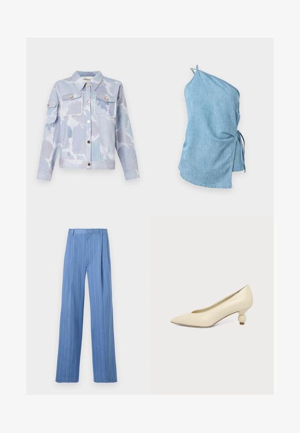 Veste en jean bleu clair avec un motif de nuages, deux poches avant, des boutons dorés et des détails effilochés en bas. Manches longues avec des poignets boutonnés.; Haut en denim bleu clair avec un design asymétrique. Présente un côté froncé avec des liens et une seule bretelle pour un maintien sécurisé.; Pantalons larges bleu clair avec des rayures blanches verticales. Fabriqués dans un matériau lisse, avec un pli avant et une taille épurée.; Chaussure femme couleur crème à bout pointu avec un petit talon rond en forme de boule, sur fond uni.