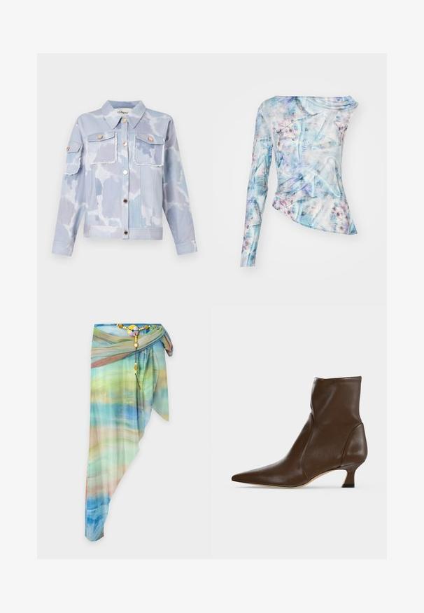 Veste en jean bleu clair avec un motif de nuages, deux poches avant, des boutons dorés et des détails effilochés en bas. Manches longues avec des poignets boutonnés.; Top asymétrique à manches longues dans un motif abstrait bleu et rose, présentant une texture froncée et un col rond. Fabriqué en tissu léger.; Jupe portefeuille asymétrique en voile avec un motif dégradé bleu, vert et beige, fixée avec une ceinture décorative perlée et une boucle ronde.; Bottine en cuir marron à bout pointu et talon bas incurvé sur fond clair.