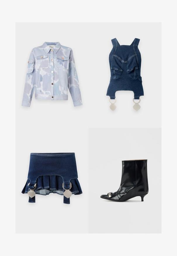 Veste en jean bleu clair avec un motif de nuages, deux poches avant, des boutons dorés et des détails effilochés en bas. Manches longues avec des poignets boutonnés.; Haut en denim avec de larges bretelles, deux poches avant, un décolleté arrondi et des éléments en métal argenté en bas pour la fermeture.; Jupe en denim à ourlet évasé. Elle présente deux fermetures ajustables grises, une couleur bleu foncé et des détails de couture contrastants le long de l'ourlet.; Bottine en cuir noir avec bout pointu, petit talon kitten bas et boucle décorative en argent sur le côté près de l'orteil.
