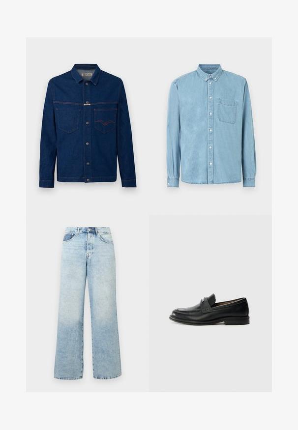 Veste en denim bleu foncé à manches longues, fermeture à boutons, poches poitrine, et surpiqûres contrastantes orange, étiquetée Replay sur le col et la poche.; Chemise en denim bleu clair à manches longues avec col boutonné, poche poitrine avant, et boutons blancs au centre et aux poignets.; Jean en denim bleu clair taille haute avec une fermeture à bouton et fermeture éclair, poches avant et coupe large.; Mocassins en cuir noir avec une finition lisse, dotés d'une bande supérieure texturée, d'un talon bas et de détails de couture minimalistes.