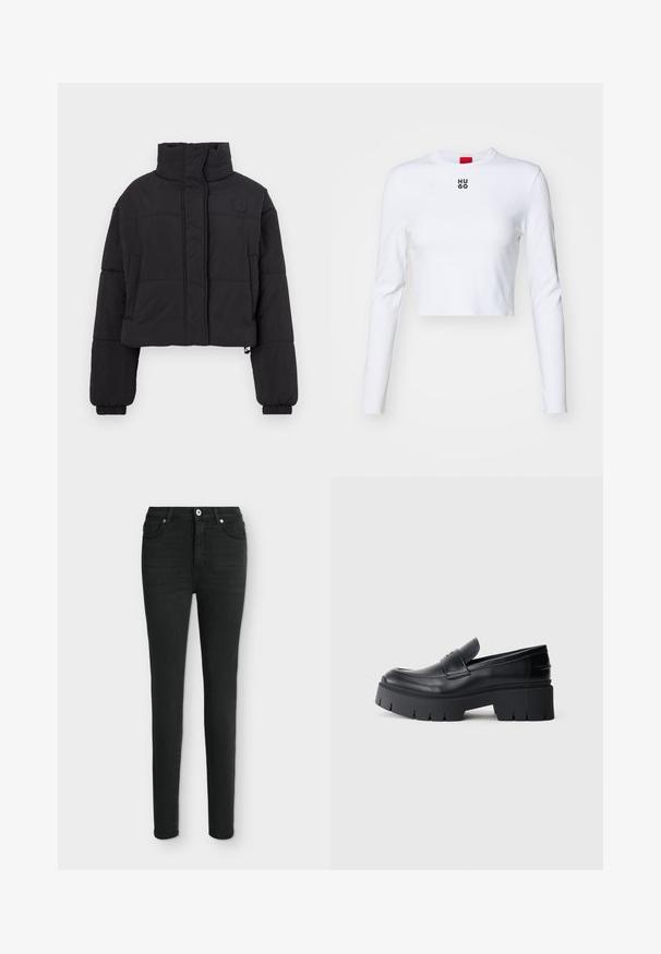 Afkortet sort puffersommejakke med høj krave, der har quiltede sektioner, elastiske manchetter og et lille logo på brystet.; Hvid langærmet crop top lavet af bomuld, med rund hals og et lille sort "HUGO"-logo på brystet. Glat tekstur med tætsiddende design.; Sorte high-waist skinny jeans med frontknap og lynlås, fem-lomme-design, vist mod en lys baggrund.; Sort klodset platform loafers med glat læderoverdel, dekorativ rem og tyk struktureret sål på hvid baggrund.