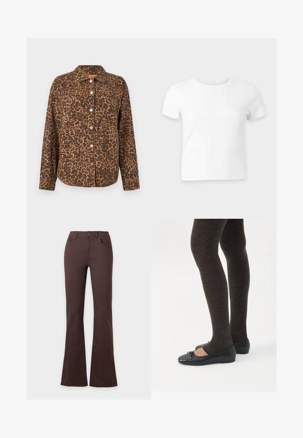 Veste boutonnée à imprimé léopard avec col, deux poches avant et boutons en or rose. Confectionnée en tissu texturé aux tons marron et noir.; T-shirt blanc uni à manches courtes et col rond sur fond gris clair, présenté à plat face vers l’avant.; Jean taille haute marron foncé avec fermeture par bouton et fermeture éclair, poches avant, et jambes évasées sur un fond uni clair.; Jambes portant des leggings côtelés foncés associés à des ballerines noires avec de petits détails en nœud sur fond blanc.