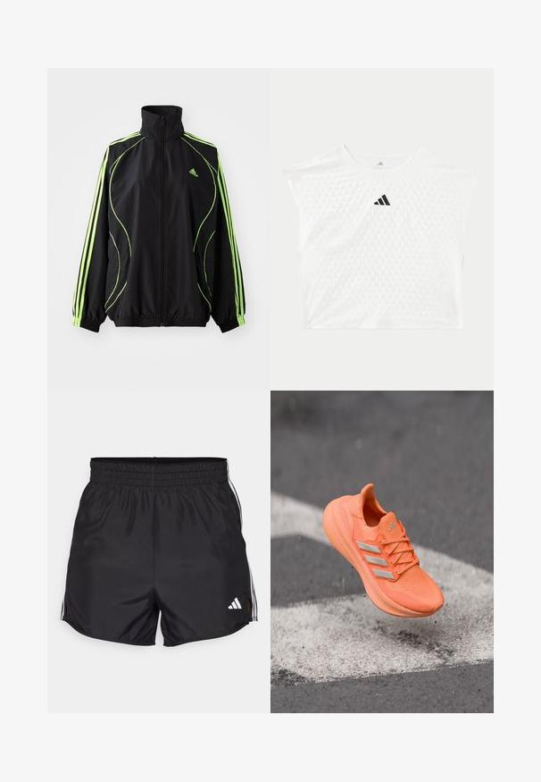 adidas Originals TEAMGEIST ADICOLOR - Jas - black/signal green; Wit Adidas sportshirt met korte mouwen, een gestructureerd stippenpatroon en een zwart Adidas-logo in het midden van de borst.; Zwarte sportshorts met een elastische tailleband, zijsplitten en witte drievoudige strepenaccenten. Bevat een klein wit logo op de rechteronderkant.; Heldere oranje sportschoen met een gestructureerd bovenwerk, reflecterende zilveren strepen en een gedempte zool, zwevend boven een grijze ondergrond.