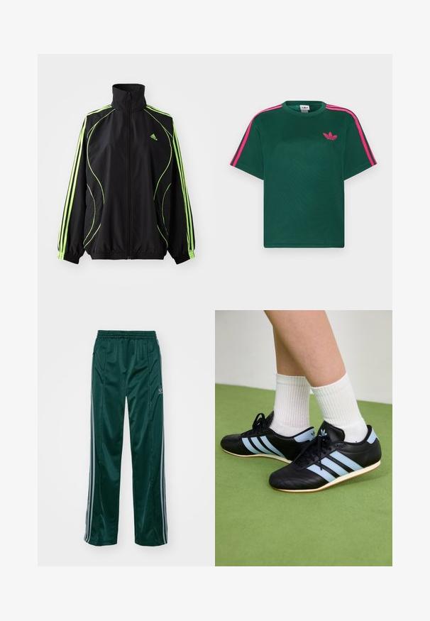 adidas Originals TEAMGEIST ADICOLOR - Overgangsjakke - black/signal green; Grøn kortærmet t-shirt med lyserøde striber på skuldrene og Adidas trefoil-logo på brystet.; Mørkegrønne træningsbukser lavet af skinnende materiale, med sidelister i lys grå og et broderet logo på venstre ben.; Sorte lædersportssko med lyseblå striber, teksturerede overdele og gummisko, parret med hvidt ribbet sokker på grønne gulve.