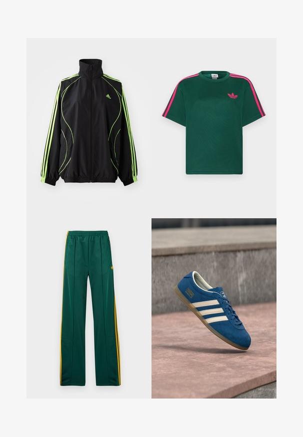 adidas Originals TEAMGEIST ADICOLOR - Jas - black/signal green; Groen T-shirt met korte mouwen, helderroze strepen op de schouders en het Adidas trefoil-logo op de borst.; Groene sportbroek met gele zijstrepen, elastische tailleband en twee zijzakken. Gemaakt van glad, lichtgewicht materiaal.; Blauwe suède sneaker met crèmekleurige strepen en veters, zool van gumrubber, gestructureerd oppervlak, afgeronde neus en merkopdruk aan de zijkant.