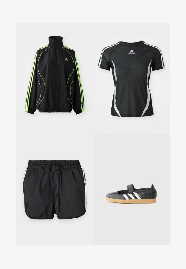 adidas Originals TEAMGEIST ADICOLOR - Ľahká bunda - black/signal green; Čierne športové tričko Adidas s krátkym rukávom, s bielymi pruhmi na ramenách a striebornými zakrivenými akcentmi po stranách.; Čierne športové šortky s elastickým pásom a šnúrkou, s bielymi bočnými pruhmi a zaoblenými lemami.; Čierne kožené a zamšové tenisky s Velcro pásikom, s tromi bielymi pruhmi a gumenou podrážkou, označené nápisom "SAMBA" na boku.