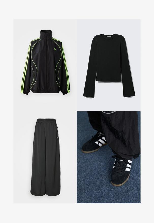 adidas Originals TEAMGEIST ADICOLOR - Jas - black/signal green; Zwart shirt met lange mouwen en ronde hals, met een aansluitende pasvorm en licht uitlopende mouwen, voorzien van een "Weekday" merklabel bij de halslijn.; Zwarte, loszittende trainingsbroek van gladde stof. Voorzien van een elastische tailleband en zijstrepen met logo-accenten.; Zwarte suède sportschoenen met drie witte strepen en zwarte veters. Een gestructureerde zwarte broek is deels zichtbaar naast de schoenen.